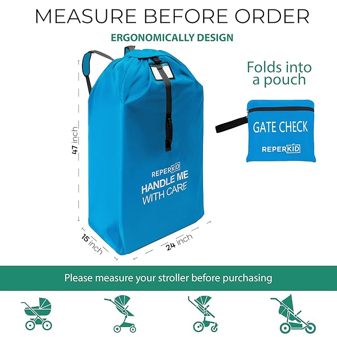 reperkid Large Stroller Bag for Airplane Travel, Blue, 47" H x 24" W x 15" D, Fits Most Large, Single, Double, Jogging Strollers – Premium Waterproof Cover, Adjustable Shoulder Straps