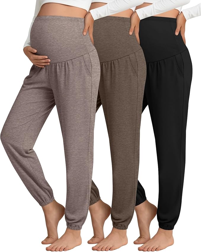3 Pack Women's Maternity Pants Maternity Jogger Sweatpants Over The Belly Stretchy Pregnancy Pants with Pockets