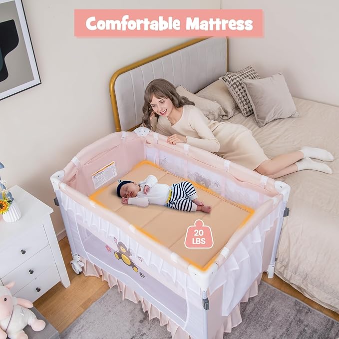BABY JOY 4 in 1 Pack and Play with Canopy, Portable Baby Playard with Bassinet, Double-Layer Baby Crib, Wheels & Brake, Foldable Baby Girl Pink Bassinet from Newborn to Toddler