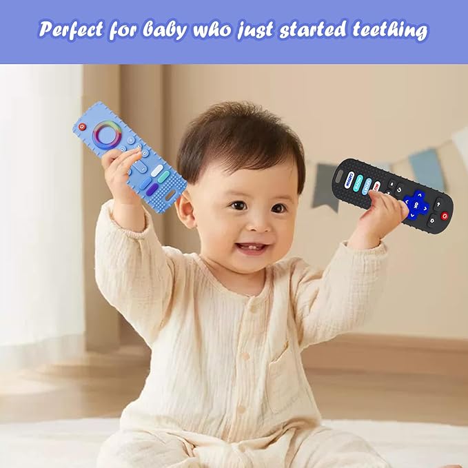 2-Pack Baby Teething Toys-TV Remote Control Shape Silicone Infants Teething Toys for Babies 0-18 Months,BPA-Free (Black+Blue)
