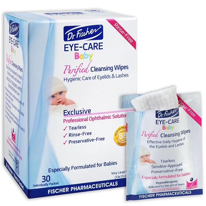 Purified, Non Irritating, Tear Free, Hypoallergenic & Sensitive Approved Baby Eyelid Wipes by Dr. Fischer – Pre-moistened, Rinse Free and Pediatrician Recommended - (30)