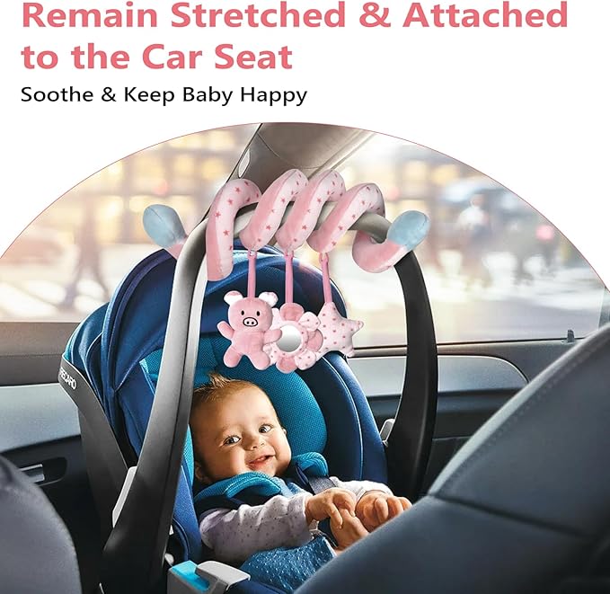 SAMMAS Car Seat Toys, Infant Baby Pink Pig Spiral Activity Hanging Toys Stroller Toys for Car Seat Stroller Bar Crib Bassinet Mobile with Mirror BB Squeaker and Rattles