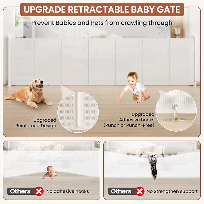 Upgrade Retractable Baby Gates Extra Wide(150" W x 42" H), 150 inch Reinforced Retractable Dog Gate to Prevent Crawling Through, Retractable Gate Outdoor/Indoor, Real One-Handed Operation, White