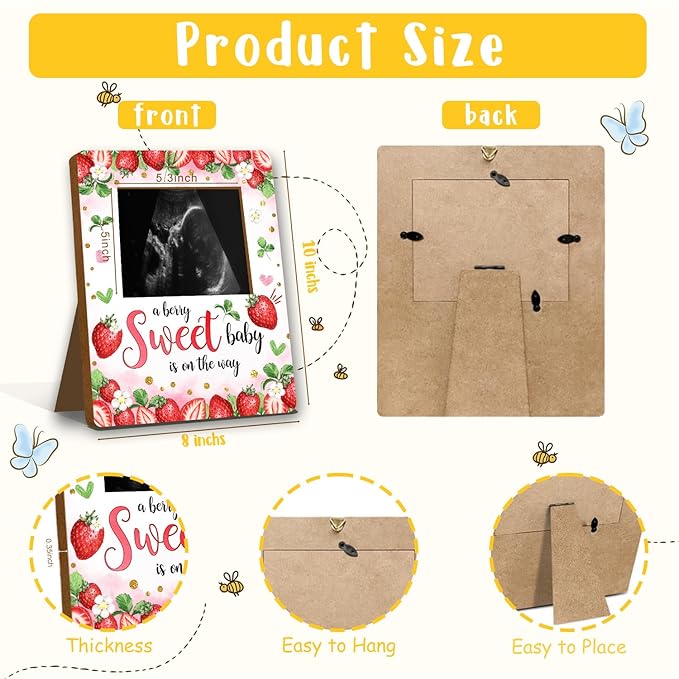 ALodr Strawberry Baby Shower Decorations, Baby Shower Sign Picture Frame, Berry Sweet Party Decor for Gender Reveal, Pregnancy Milestone Keepsake, Pregnancy Announcement Sonogram Photo Frames