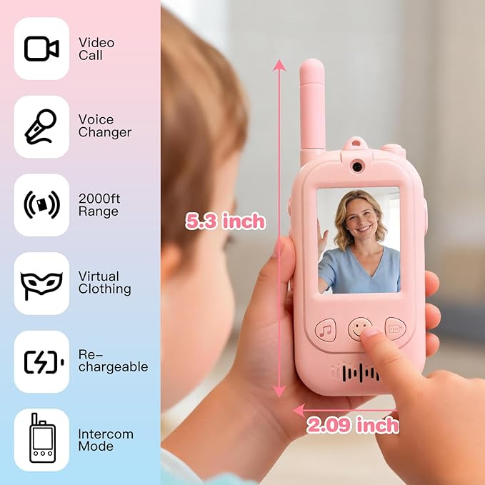 SKYROKU 2nd-Gen Video Walkie Talkies for Kids, 2000ft Long Range Rechargeable Walky Talkies, AI Virtual Costumes & Voice Changer, Outdoor Camping Toys Gift for Boys Girls Ages 3-12 (Pink 2 Pack)