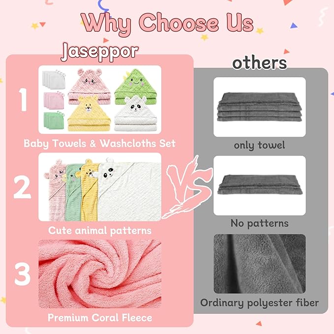 14 PCS Baby Bath Towels Set for Girls, 4 PCS Animal Hooded Towels & 10 PCS Washcloths, Ultra Soft & Absorbent Newborn Infant Toddler Towels in Pink Green Yellow White