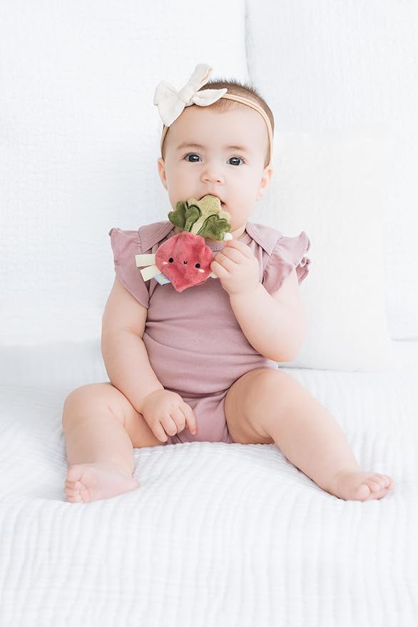 Pearhead Baby Veggie Teether Toy - Plush Turnip with Soft BPA-Free Silicone, Crinkle Sound Easy-to-Hold Teething Ring for Babies Ages 0 Months+, Stocking Stuffers for Newborns, Baby Christmas Gift