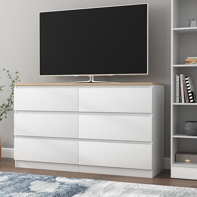 White Dresser for Bedroom, Modern Large 6 Drawer Dresser with Deep Drawer,Chest of Drawers,Wood Bedroom Storage Organizer Furniture,TV Stand for Living Room
