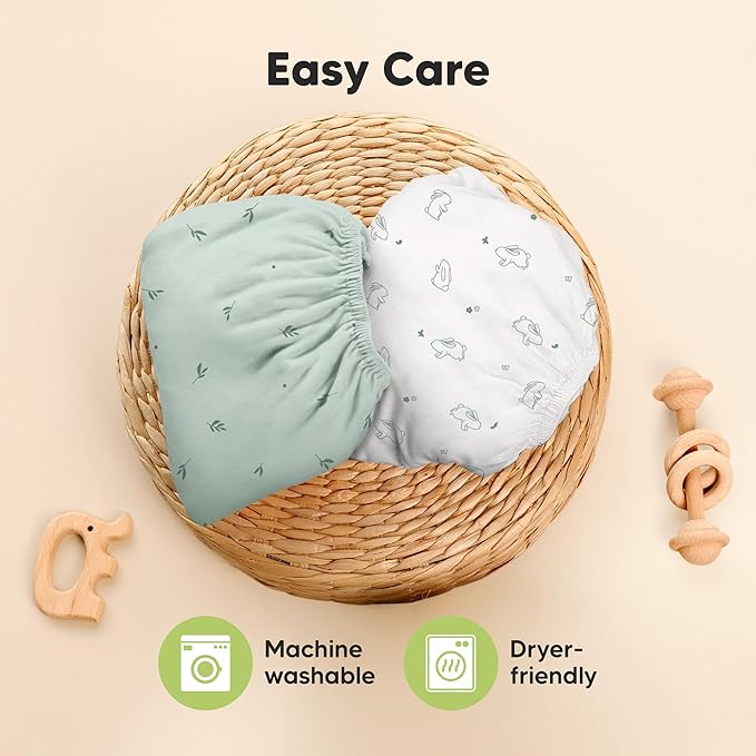 Pack and Play Sheets Fitted - 2-Pack Mini Crib Sheets for Pack N Play Mattress 38x26, Soft & Cozy, Neutral Toddler Playard Bedding, Snug Fitted Mini Baby Crib Mattress Cover Boy, Girl (Bunnies)