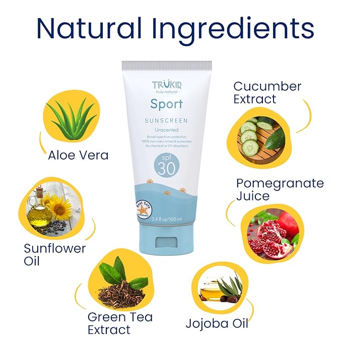 TruKid Sport Mineral Sunscreen SPF 30 - All Natural Kids & Baby Sunscreen for Face & Body, Non-Toxic Zinc Oxide Sunblock Protection for Sensitive Skin, Unscented, FSA Eligible, Travel Size 3.4oz