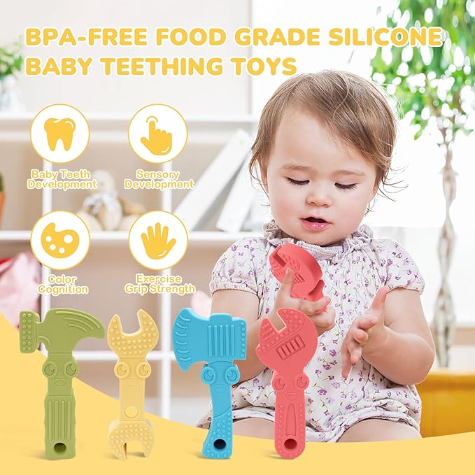 TYRY.HU Baby Teething Toys for Babies 0-6 Months 6-12 Months, BPA Free Silicone Baby Molar Teether Chew Toys, Hammer Wrench Spanner Pliers for Boys Girls, Soft-Textured, Easy to Hold & Clean, 4 Packs