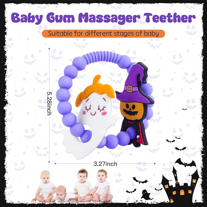Halloween Baby Teething Toys – Ghost & Pumpkin Man Silicone Teethers for Infant Sensory Toys 0-12months, Infants & Toddlers,Sensory Chew Bracelet for Teething Relief,Halloween Basket Stuffers