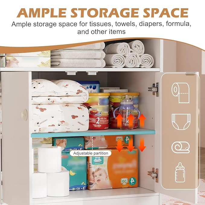 PAKASEPT Baby Changing Table with Stairs & Storage, Nursery Dresser Modern Diaper Changing Station, Dresser for Nursery with Adjustable Shelves, Storage Crib with Changing Table
