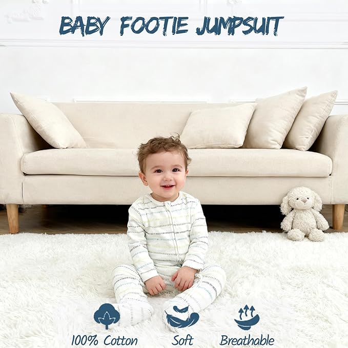 Baby Footie Jumpsuit, 100% Cotton Long Sleeve Footed Romper, Summer Outfit for 0-12 Months