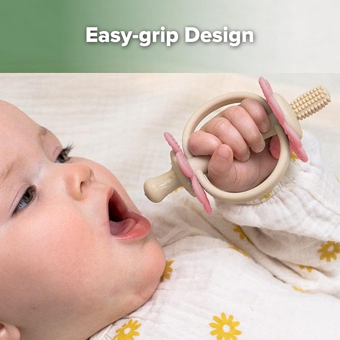 haakaa Silicone Twin Flower Teether,Nipple-Shaped End for Gum Massage,360° Baby Toothbrush Head for Self-Brushing Training,Easy to Grip - Rosehip