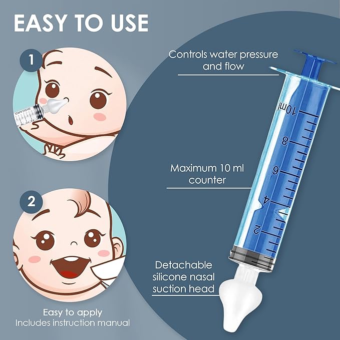 Bluet B - Baby Nasal Syringe (2-Pack) - Safe Silicone Nasal Aspirator for Newborn - Infant Mucus Removal - 10ml Nose Cleaner Syringe for Baby - Toddler Congestion Relief - Reusable Tips - Blue