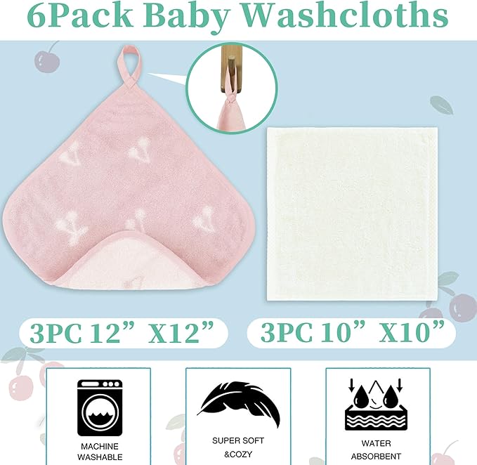 VOOVA & MOVAS Cherry & Ivory Baby Washcloths | 12x12 Inches | Highly Absorbent | 6 Pack 100% Cotton | Ultra-Soft Newborn Towels | Perfect Set,Baby Essentials | Jacquard Cherry & Ivory Colors