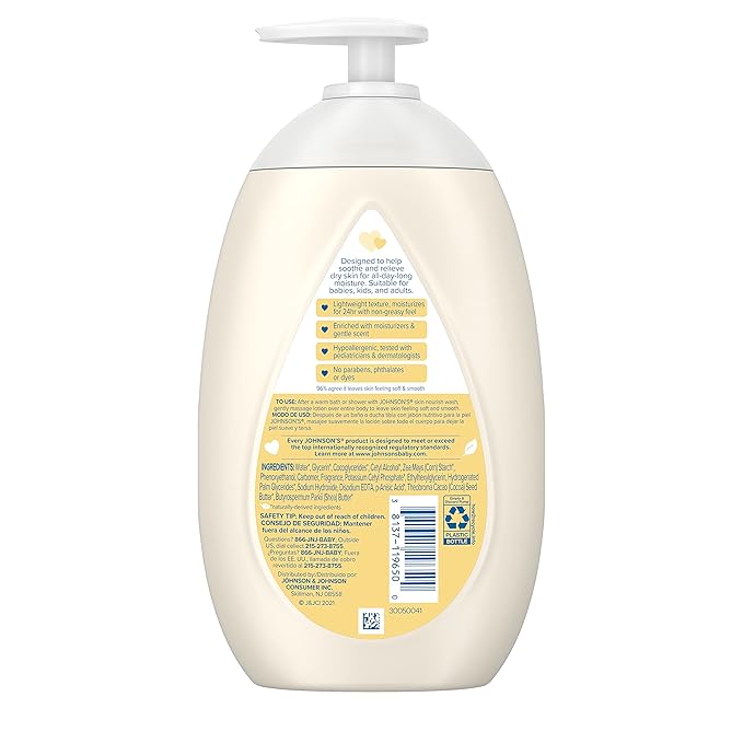 Johnson's Baby Skin Nourish Moisturizing Baby Lotion for Dry Skin with Shea & Cocoa Butter Scents, Gentle & Lightweight Body Lotion for The Whole Family, Hypoallergenic, Dye-Free, 16.9 fl. oz