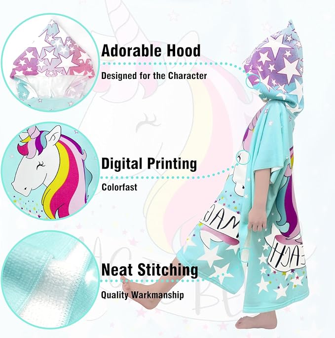Hooded Kids Beach Towels - Toddler Bath Towel Girls Boys Swim Cover-ups for Ages 1 to 6 Kids Pool Towels Quick Dry Lightweight Soft Microfiber Poncho Towel 24x23 (Unicorn Aqua)