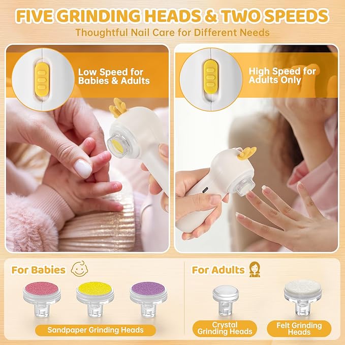 Baby Electric Nail File with Clipper, 5-in-1 Baby Nail Trimmer with LED Light, Rechargeable Nail Clippers for Infant Toddler Kid Adult, Low Noise, Includes 5 File Pads, Yellow Deer