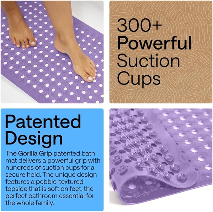GORILLA GRIP Patented Bath Tub Shower Mat, Machine Washable Bathtub Floor Liner Mats, Suction Cups and Drain Holes to Keep Tubs Clean, Soft on Feet, Bathroom Essentials, 35x16 Inch, Purple Opaque