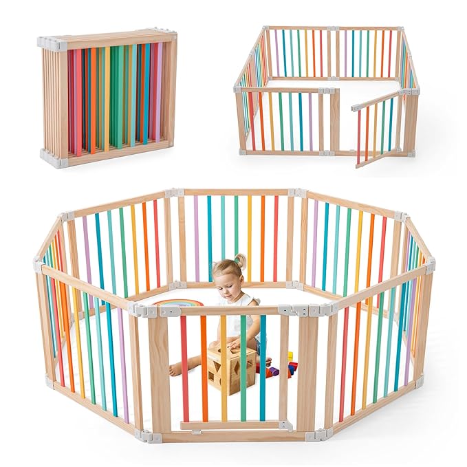 Baby Wooden Playpen, Foldable Shape & Size Adjustable Playpen for Toddler and Babies, Wood Baby Play Yard with Locking Gate, Large Pack and Play for Play Area Indoor(Multicolor, 8 Panel)