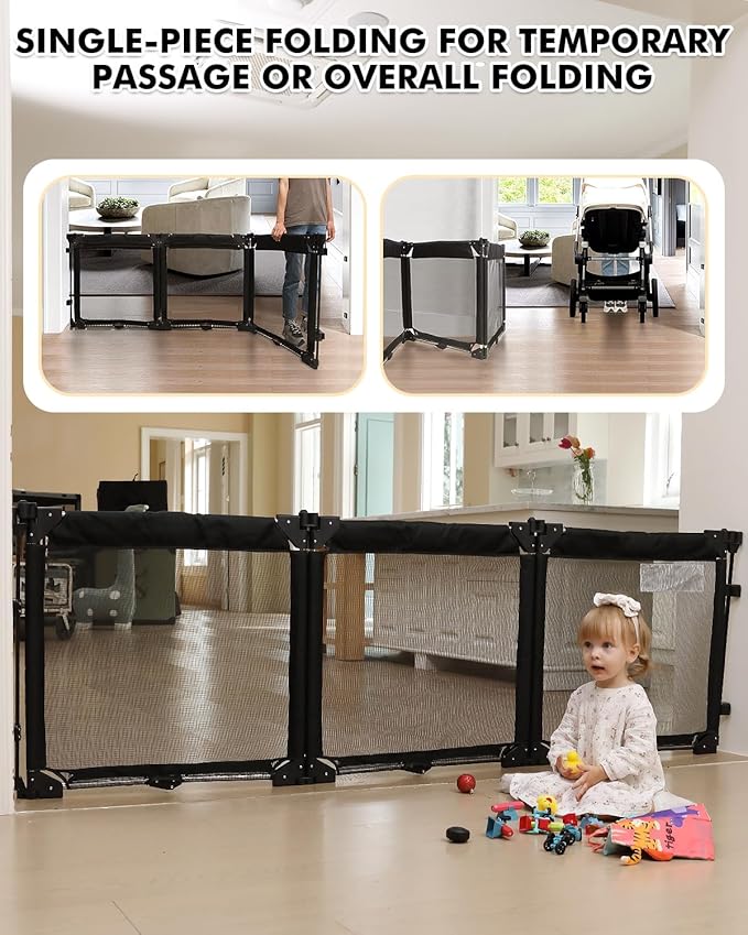 Extra Wide Baby Gate Playpen with Heat-Resistant Mesh,6 Panel Foldable Baby Fence,Indoor/Outdoor Safety Barrier,Dog Playpen & Fireplace Gate