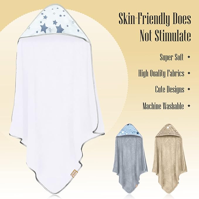 Coral Dock 3 Pack Baby Hooded Bath Towel Sets, Ultra Absorbent Polyester Towels, Neutral Grey Starry Sky, Suitable for Newborns and Toddlers