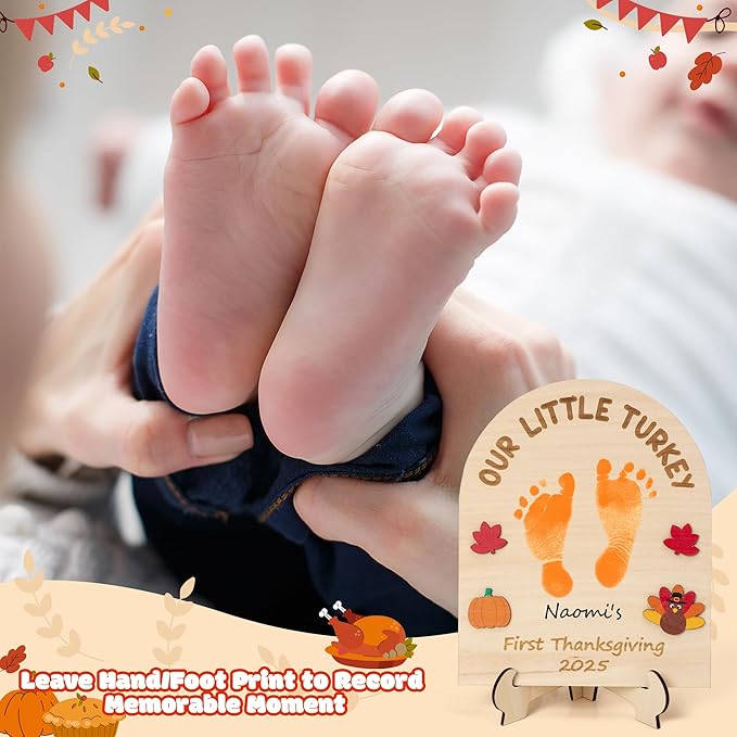 R HORSE DIY Thanksgiving Footprint or Handprint Art Sign with Ink Pad, 3D Turkey Newborn Milestone, Baby’s 1st Thanksgiving Footprint Keepsake Craft Gift Our Little Turkey Baby Shower Nursery Decor