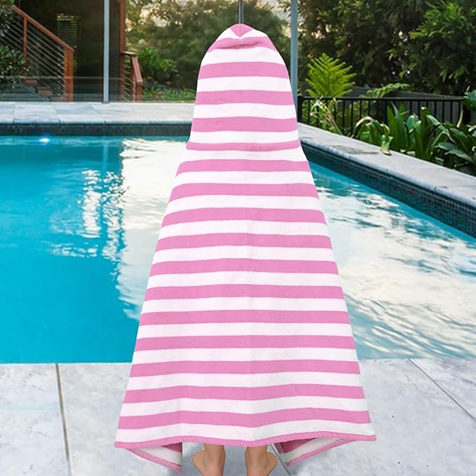 VOOVA & MOVAS Toddler Hooded Bath Towel 0-3T, 25''X40, Soft | Thick | 100% Cotton | Absorbent Towel Wrap for Baby, Perfect for Beach, Pool, Bath, Swimming,Pink Stripe