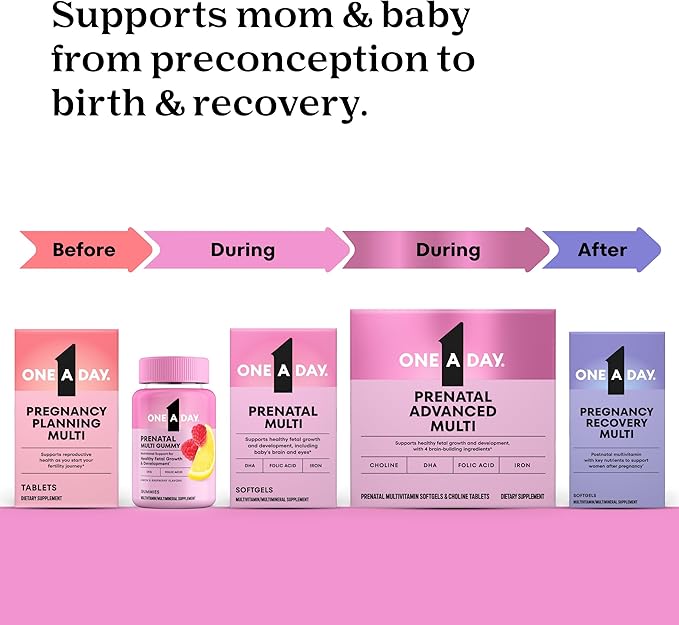 One A Day Prenatal Vitamins- Folic Acid, Iron, Omega- 3 (DHA), Pregnancy Vitamins for Women, Prenatal Multivitamin for Mom and Baby Support, Pregnancy Must Haves 30 Ct (Packaging May Vary)