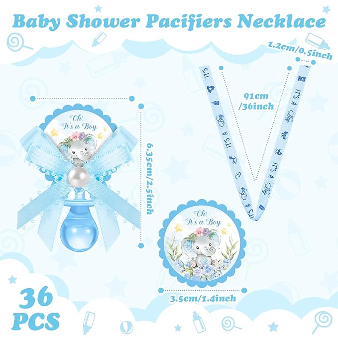 Remuuly 36 Pcs Baby Shower Pacifiers Necklace Bulk Acrylic Pacifiers Charm for Gender Reveal Party Favors Table Scatter Decorations(Boy,Blue)