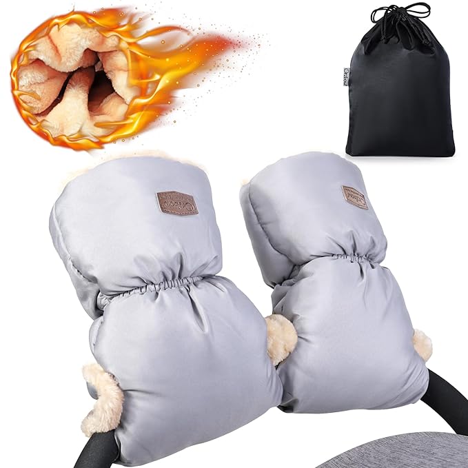 Orzbow Faux Sheepskin Stroller Gloves, Universal Winter Anti-Freeze Stroller Mittens, Waterproof Extra Thick Hand Muff for Cold Weather, Cozy & Warm, Light Grey