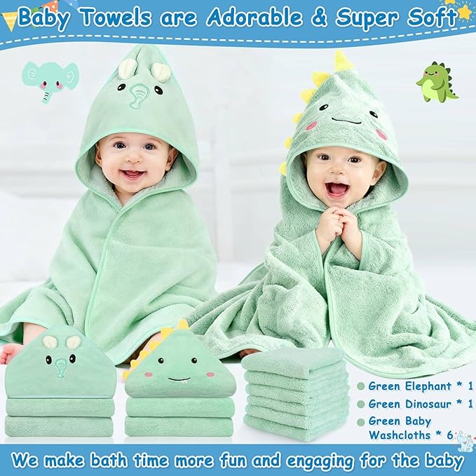 8 Pcs Baby Towel and Washcloths Set, Soft Baby Towels, 2 Pcs 32x32 in Cute Baby Towel with Hood and 6 Pcs Baby Washcloths for Infants, Toddlers and Kids (Green Elephant & Dinosaur)