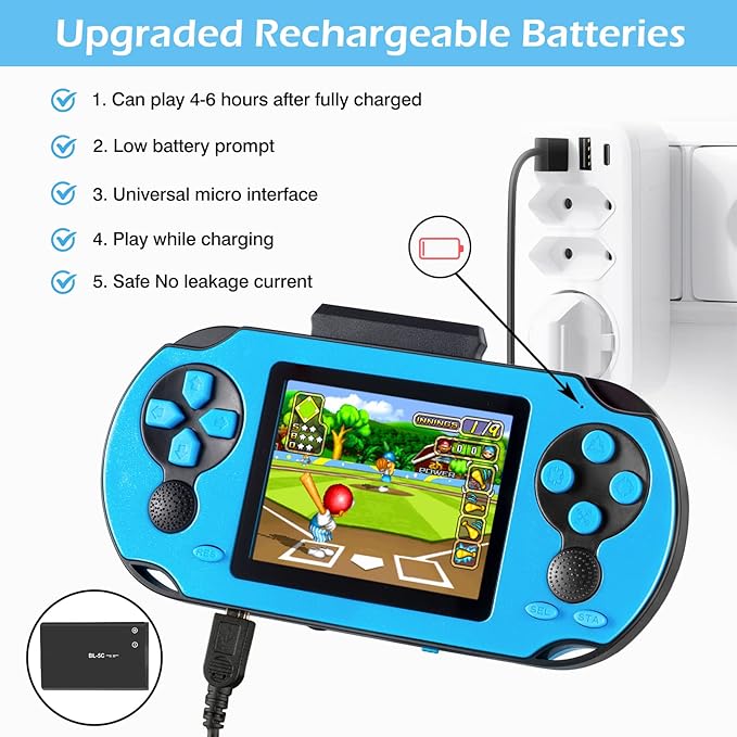 16 Bit Handheld Game for Kids Adults, 3.0'' Large Screen Preloaded 230 HD Classic Retro Video Games with USB Rechargeable Battery & 3 Game Cartridges for Birthday Gift for Kids 4-12 (Blue)