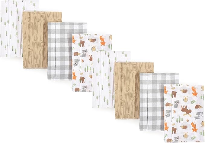 Hudson Baby Cotton Poly Flannel Burp Cloths Multipack, Woodland 8-Pack, One Size