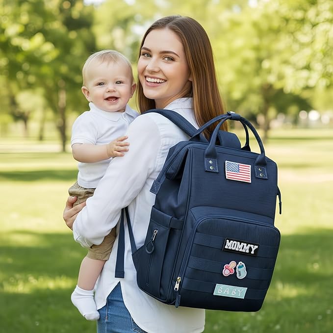 Diaper Bag Backpack for Dad and Mom with USB Charging Port Stroller Straps and Insulated Pocket,army military Travel Nappy Backpack for Daddy/Mommy (Navy)