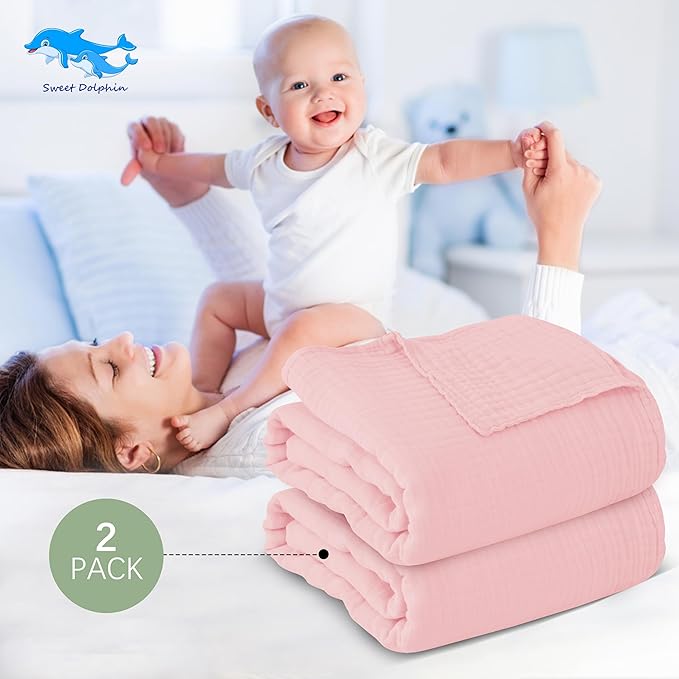 SWEET DOLPHIN Muslin Baby Bath Towels Blanket - 2 Pack 100% Cotton Towel for Babies, Infants, Toddlers - 40x40Inch - Highly Absorbent, Pink