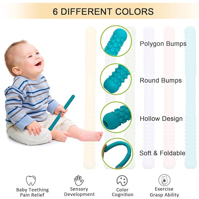 Hollow Teething Tubes Toys for Babies Girls Boys, 5 Pack Silicone Baby Teether Toy Tube for Infants with Nursing Biting Chewing, Chew Straws for Toddlers 6-12 Months (Style B)