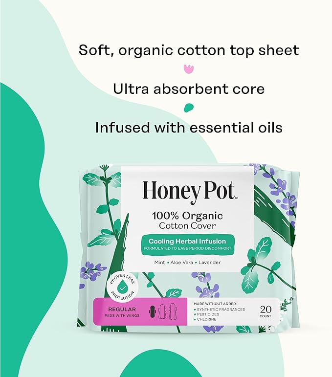 The Honey Pot Company - Herbal Sanitary Pads for Women - Regular Flow w/Wings - Infused w/Essential Oils for Cooling Effect & Organic Cotton Cover - Feminine Care - 20 ct