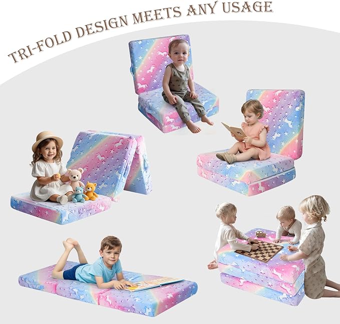 MeMoreCool Glow Rainbow Unicorn Foldable Floor Mattress for Kids, Trifold Nap Mat for Toddlers, Portable Daycare Sleeping Futon or Floor Bed, 75x25 Inch