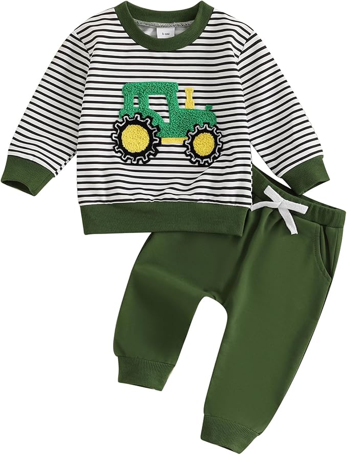 FOCUSNORM Toddler Baby Boy Fall Winter Outfit Excavator Embroidered Long Sleeve Sweatshirt Elastic Jogger Pant 2 Pcs Clothes