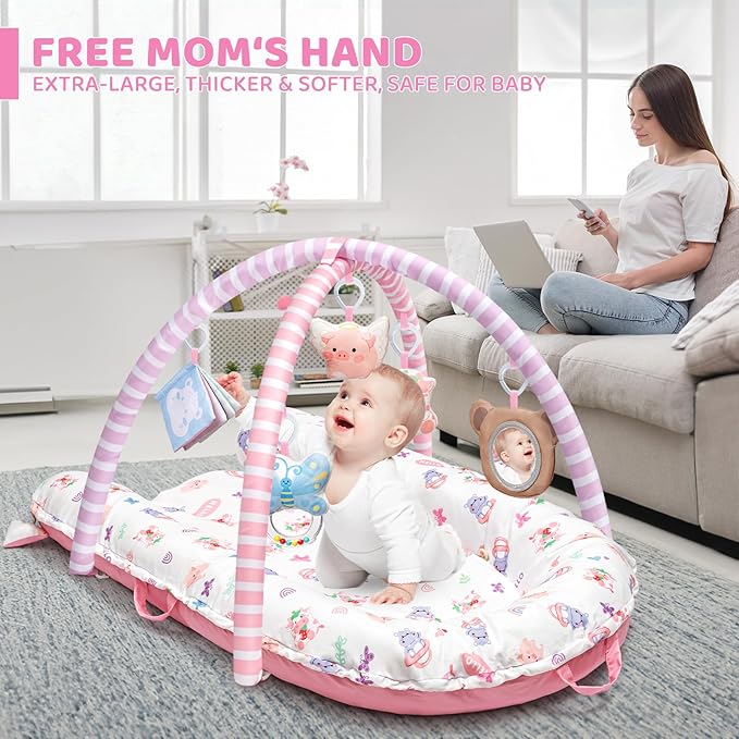 Pink Baby Play Mat, 7-in-1 Infant Gym Mat for Sensory and Motor Development, Washable & Portable Newborn Tummy Time Activity Mat for Home & Travel, Babies Gift for 0-3-6-9-12-18 Months