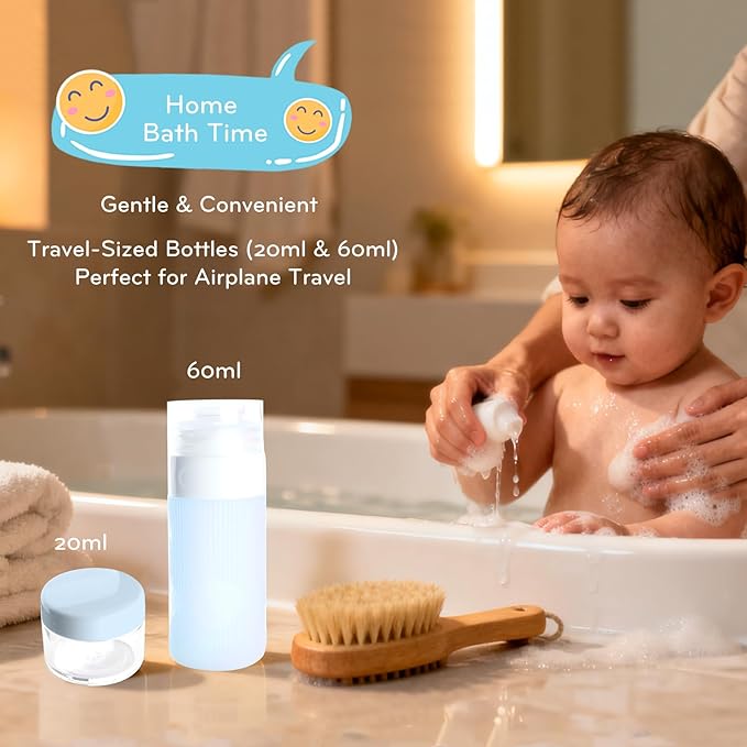 Baby Care Kit, Baby Grooming Kit,6-Piece Newborn Grooming Set with PP Baby Comb & Brush, Silicone Nasal Aspirator, Travel Bottles (60ml/20ml), Toothbrush, Newborn Care Set (Blue)