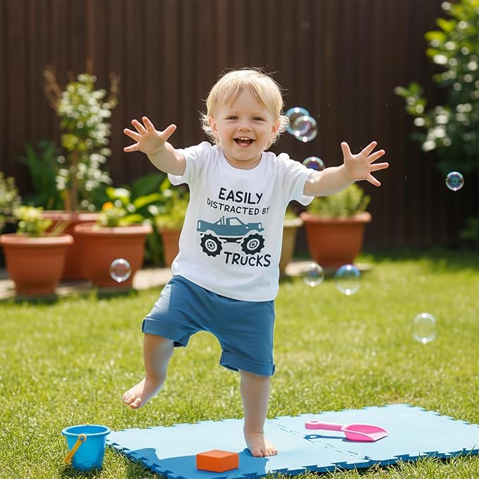 WZTYYDS Toddler Baby Boy Summer Clothes 2T 3T 4T 5T Boys Outfit Letter Truck Short Sleeve T-Shirt Tops + Shorts Set