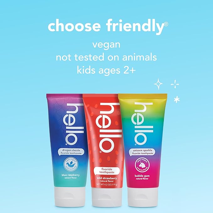 Hello Kids Fluoride Toothpaste Variety Pack, Includes a Strawberry Toothpaste, Unicorn Bubble Gum Toothpaste, and Blue Raspberry Toothpaste, Safe for Ages 2 and Up, 3 Pack, 4.2 Oz Each