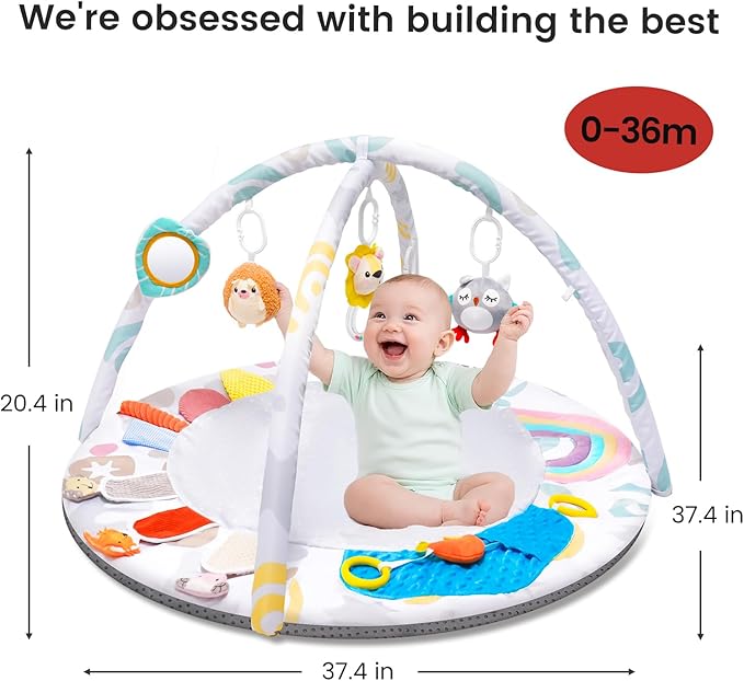 Montessori Baby Play Gym & Activity Mat for Brain Development (0-12Mo) | 5-Sensory Zones + 5 Toys |Portability Tummy Time Activity Mat Stage-Based for Newborn Brain Development Essential & Gift-Ready