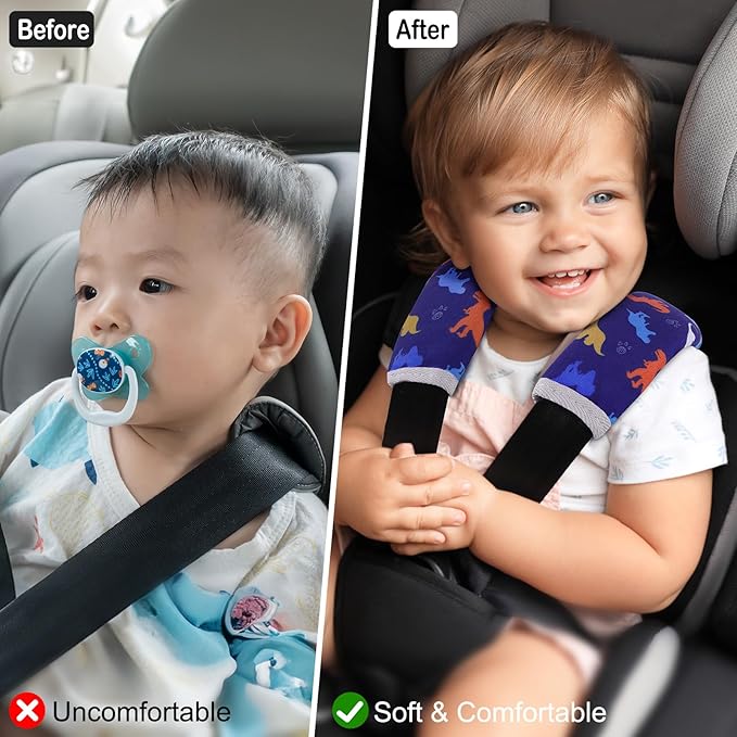 Seat Belt Cover Pad for Baby, Soft Seatbelt Cushion Covers for Kids 2Pcs Car Seat Strap Shoulder Pads for All Car Seats, Stroller, High Chair,Blue Dinosaur