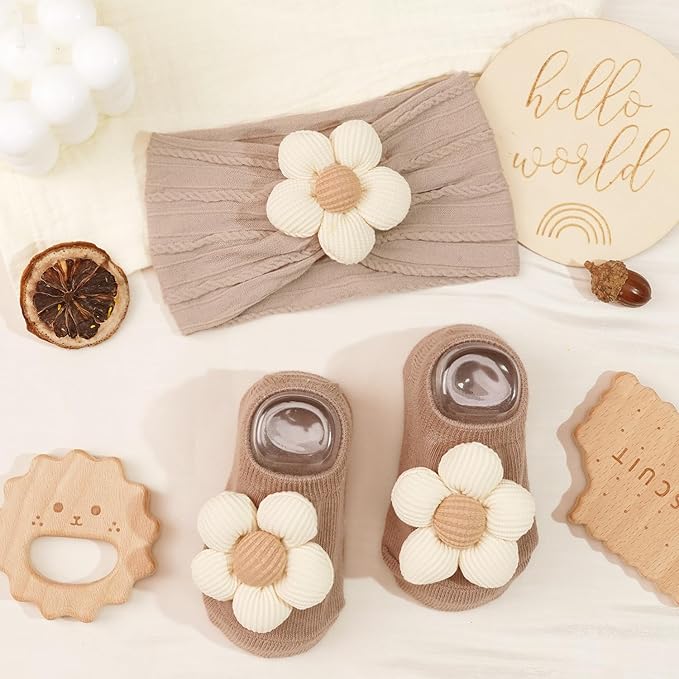 JOYOYO Baby Flower Headband and Socks, Cute Baby Girl Headbands and Soft Socks Sets for Toddler Newborn Infant Girl (Beige Pink Khaki)