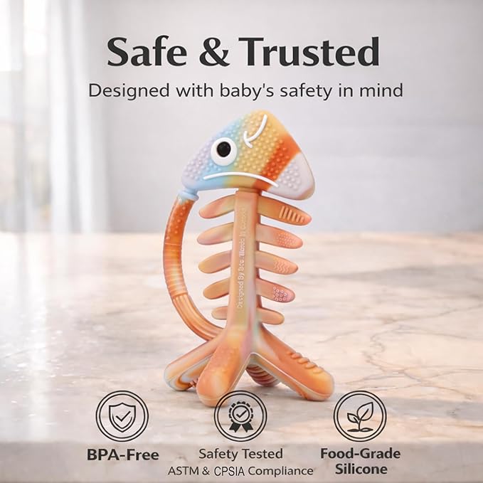 3 in 1 Infant Toys, Baby Teething Toys 3–6 6–12 Months, Teethers for Babies 0–3–6–12 Months for Teething Relief, Baby Gift, Baby Teether Toys, Silicone Sensory Toys,USA Patent Pending, Fish (Rainbow)